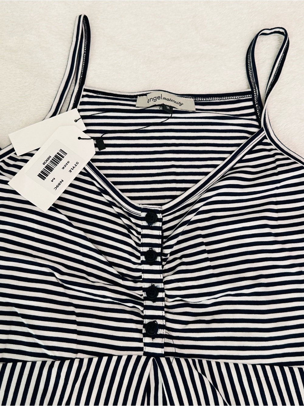 Angel Maternity Set: Navy Blue Lace-Trim Robe with NWT Striped Nightgown M/L - Picture 5 of 12